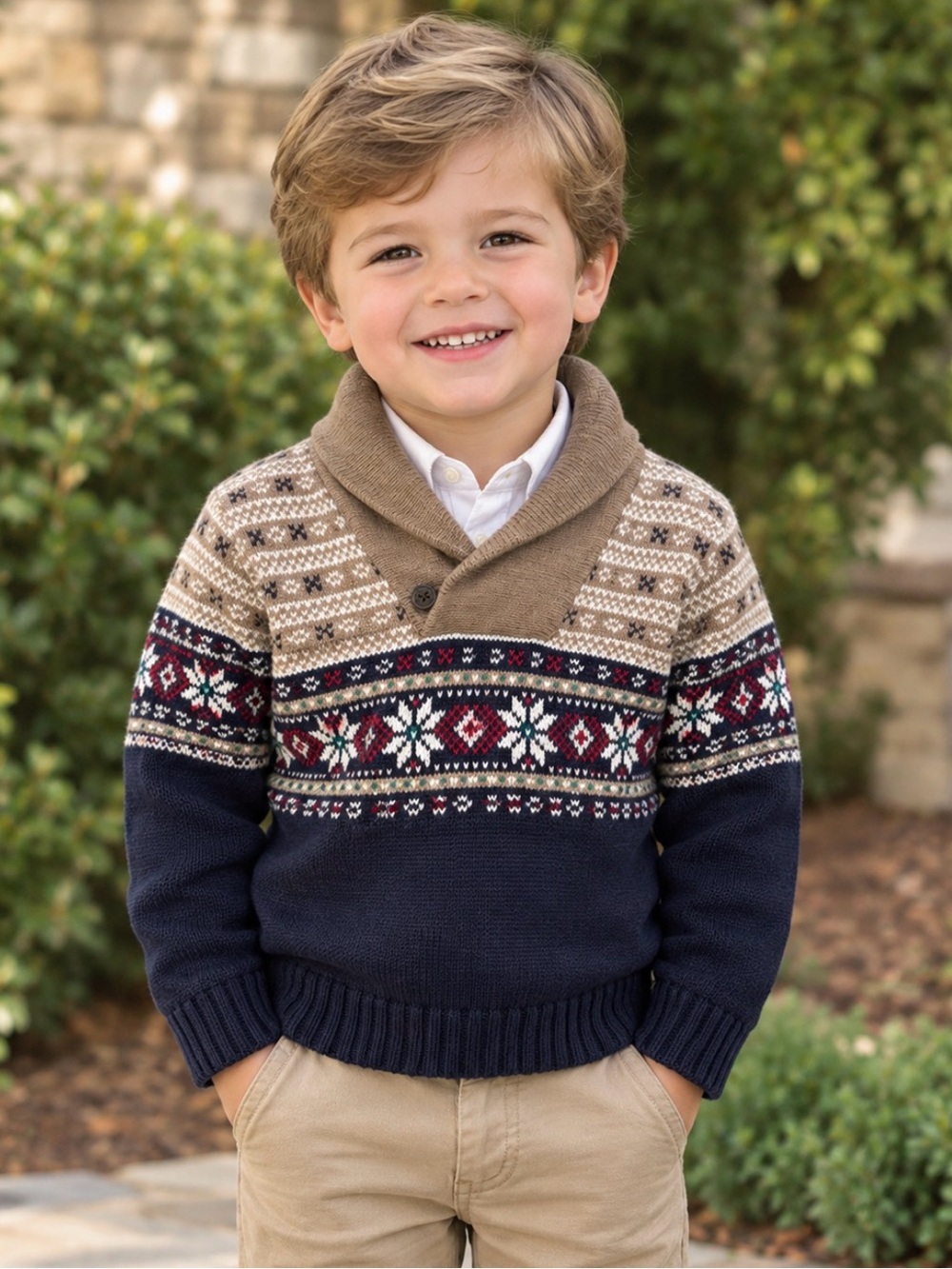Janie and Jack 3 Navy, Tan and Multi Fair Isle Shawl-Collar Cardigan Sweater